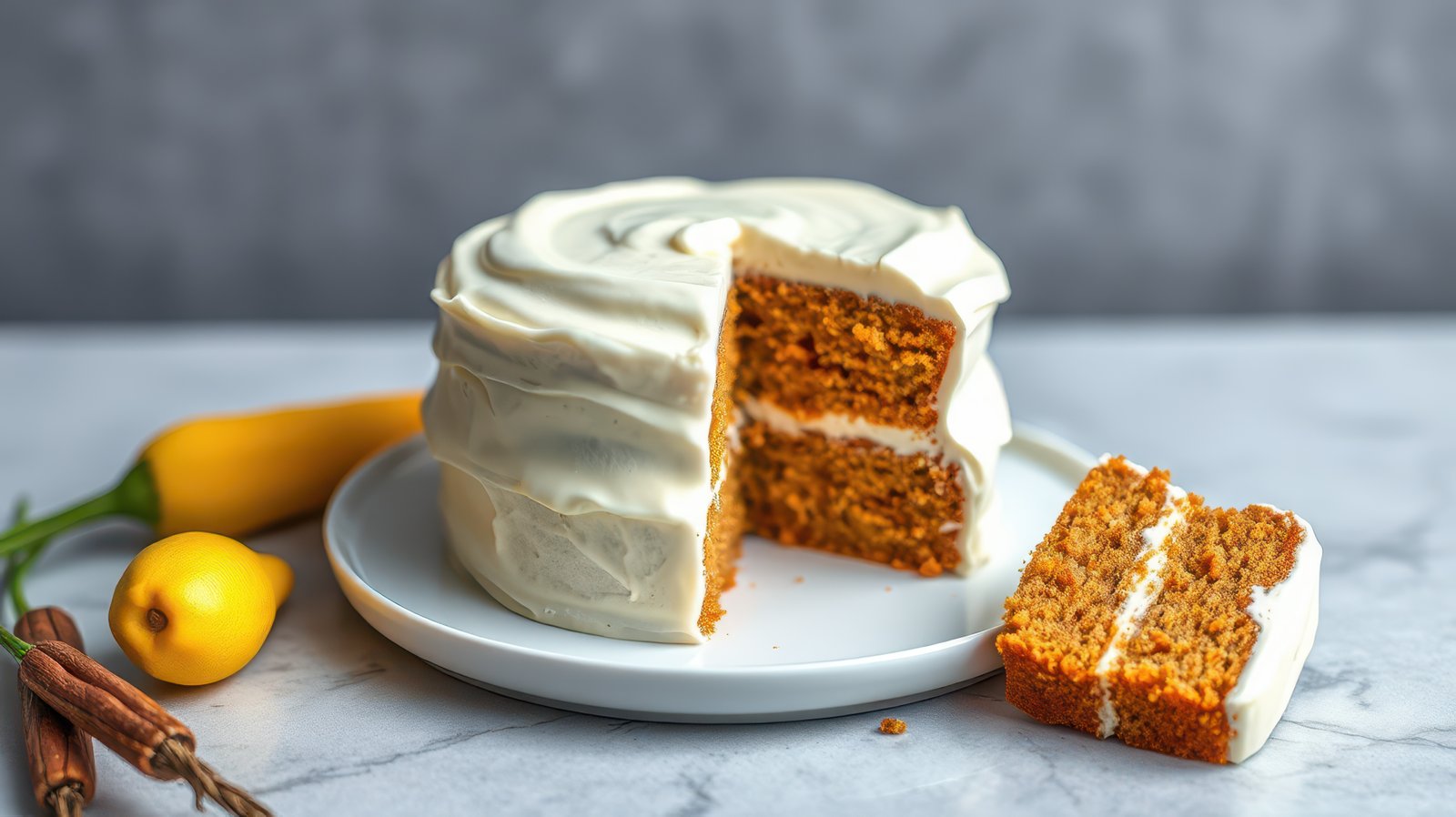 Delicious carrot cake with cream cheese frosting on a marble table with fresh lemons and carrots